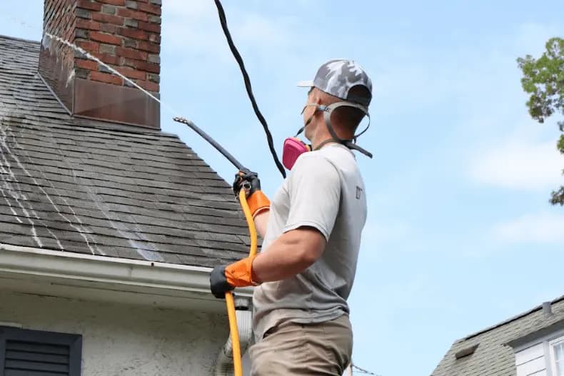 Akron Power Washing professional performing gentle roof washing service in Akron